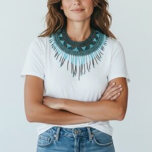Handmade Mexican seed bead collar long dangle fringe  Necklace geometric pattern
